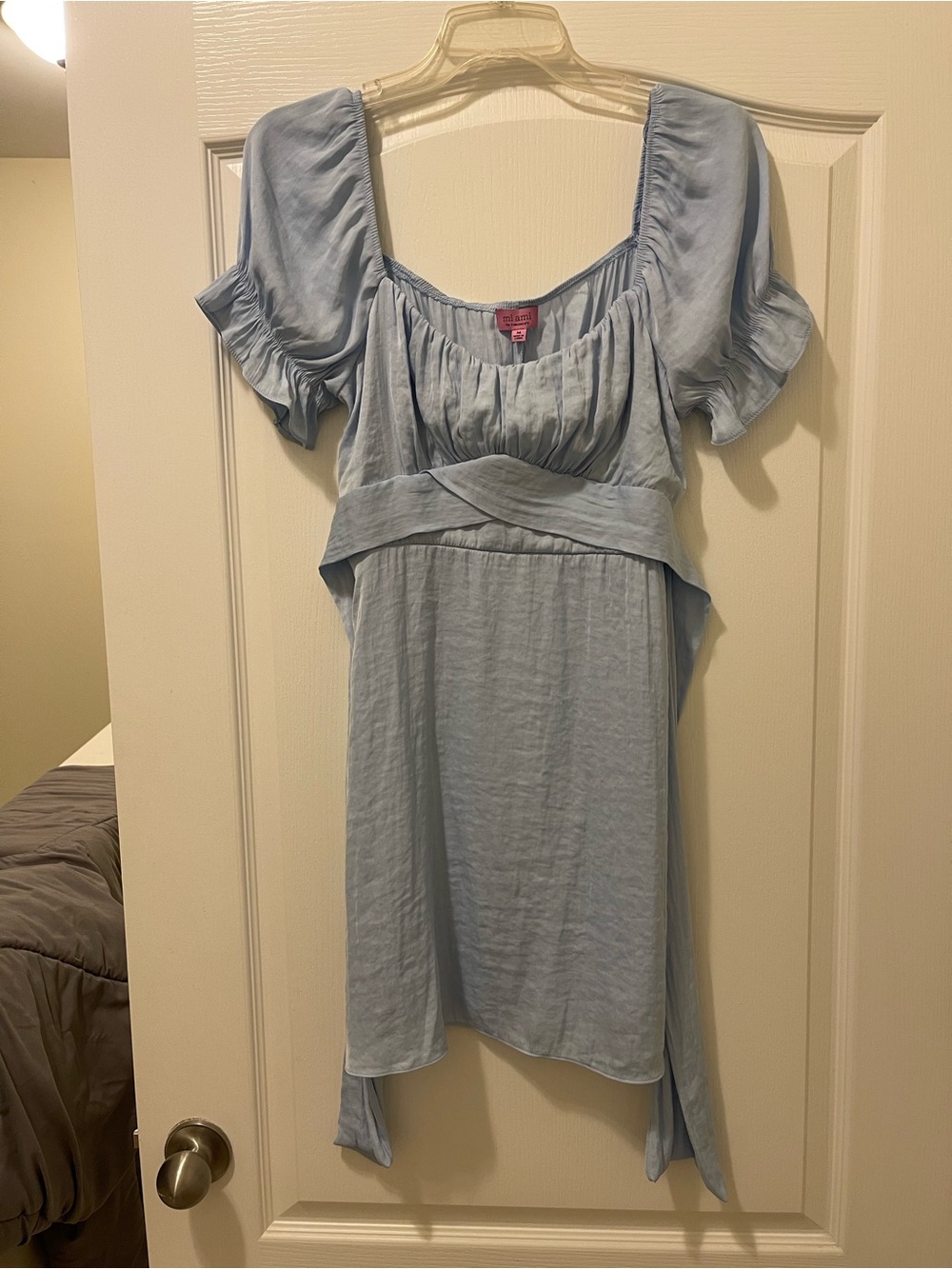 Francesca's Collections Light Blue Puff-Sleeve Square Neck Mini Dress